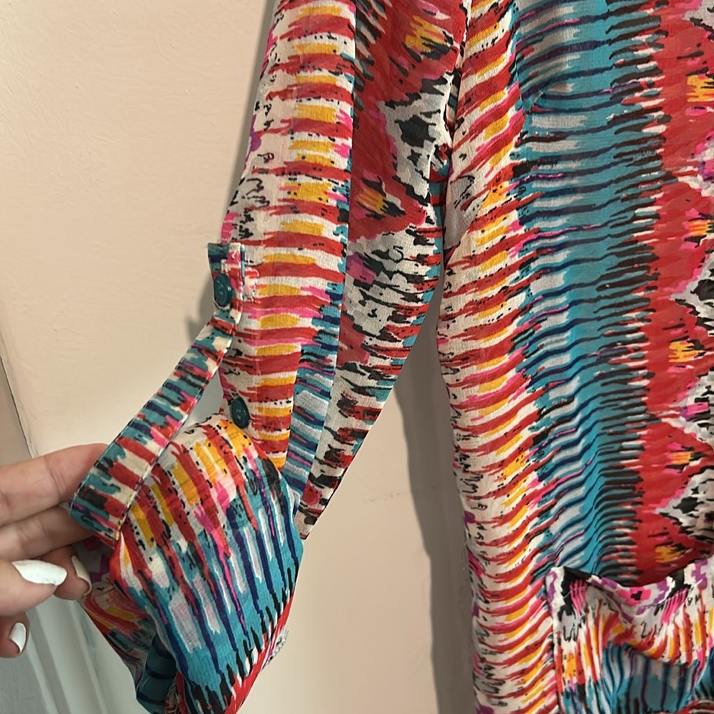 Turquoise Haven vibrant semi sheer Long Shirt Dress duster layering summer light - Picture 2 of 5